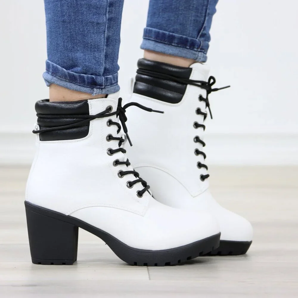 White Lace-Up Ankle Boots with Black Rugged Sole and Padded Collar - Picture 2 of 12